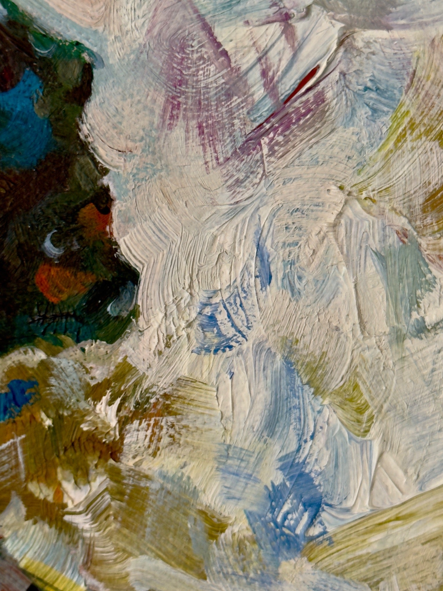 Close photograph of the luminous ivory and pale blue impasto passage of the painting