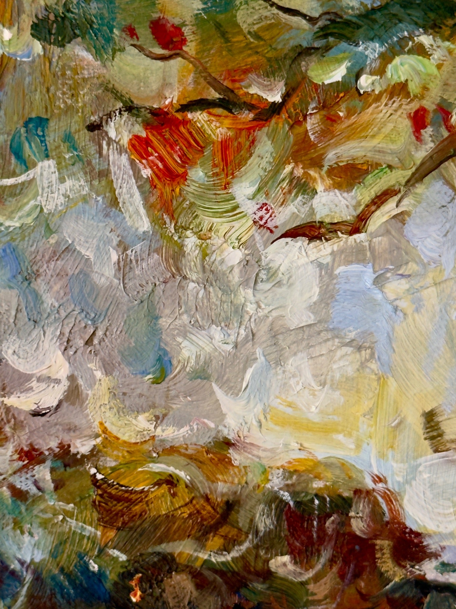 Close view of layered brushstrokes in the upper forest and white painted atmosphere