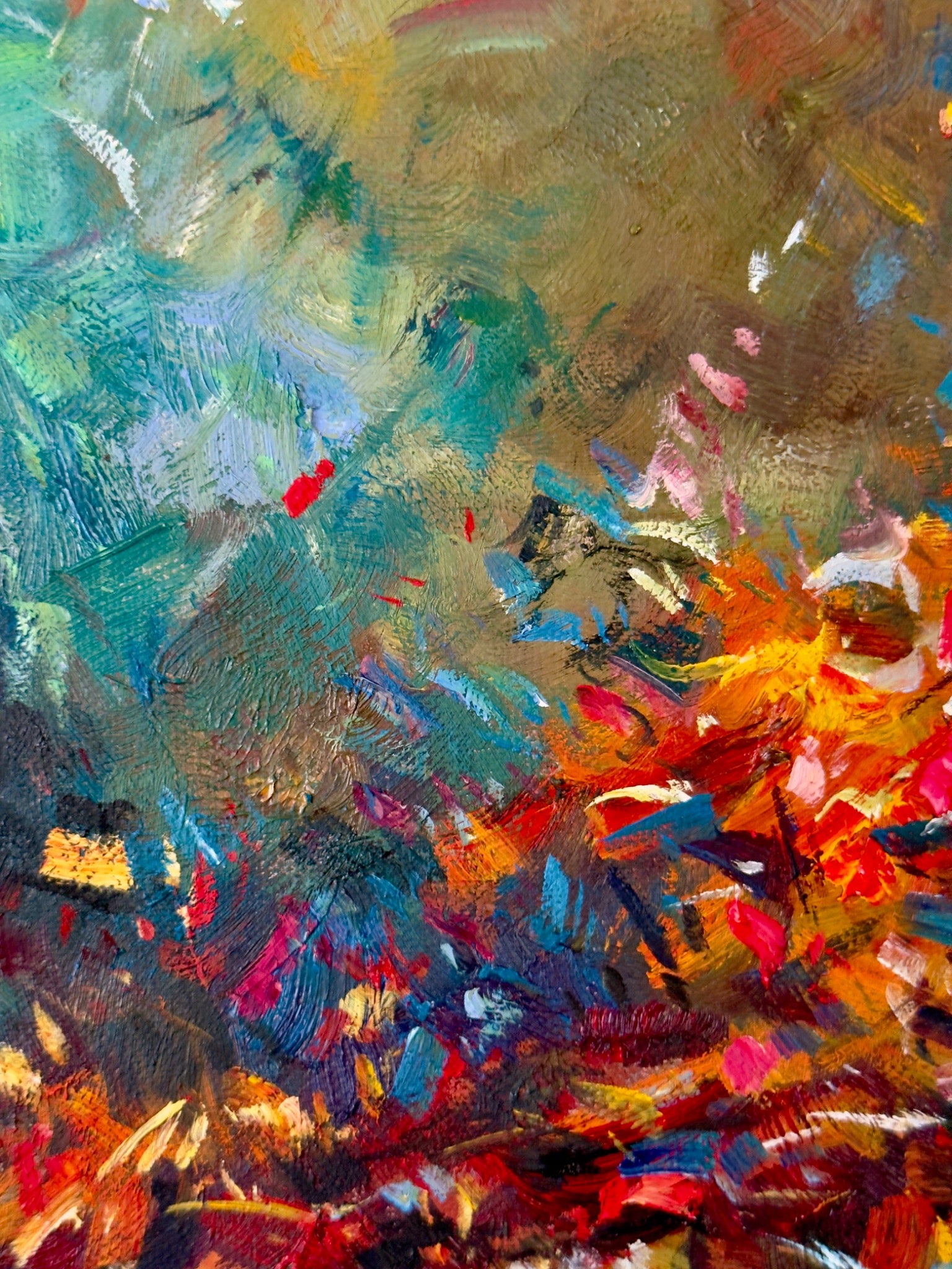 Close view of teal, muted gold and ember red palette knife strokes