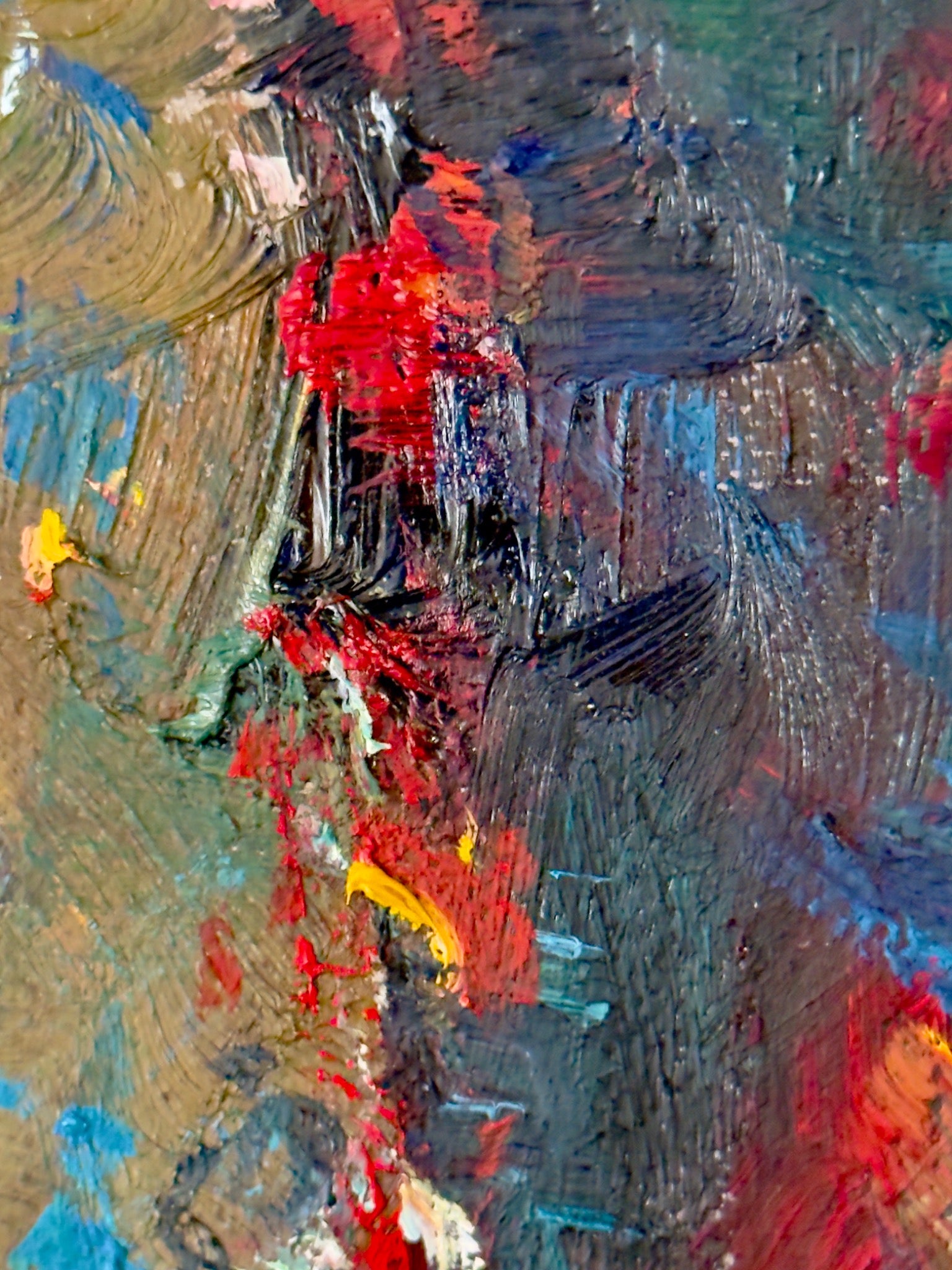 Close painting detail featuring crimson paint against dark blue-green strokes