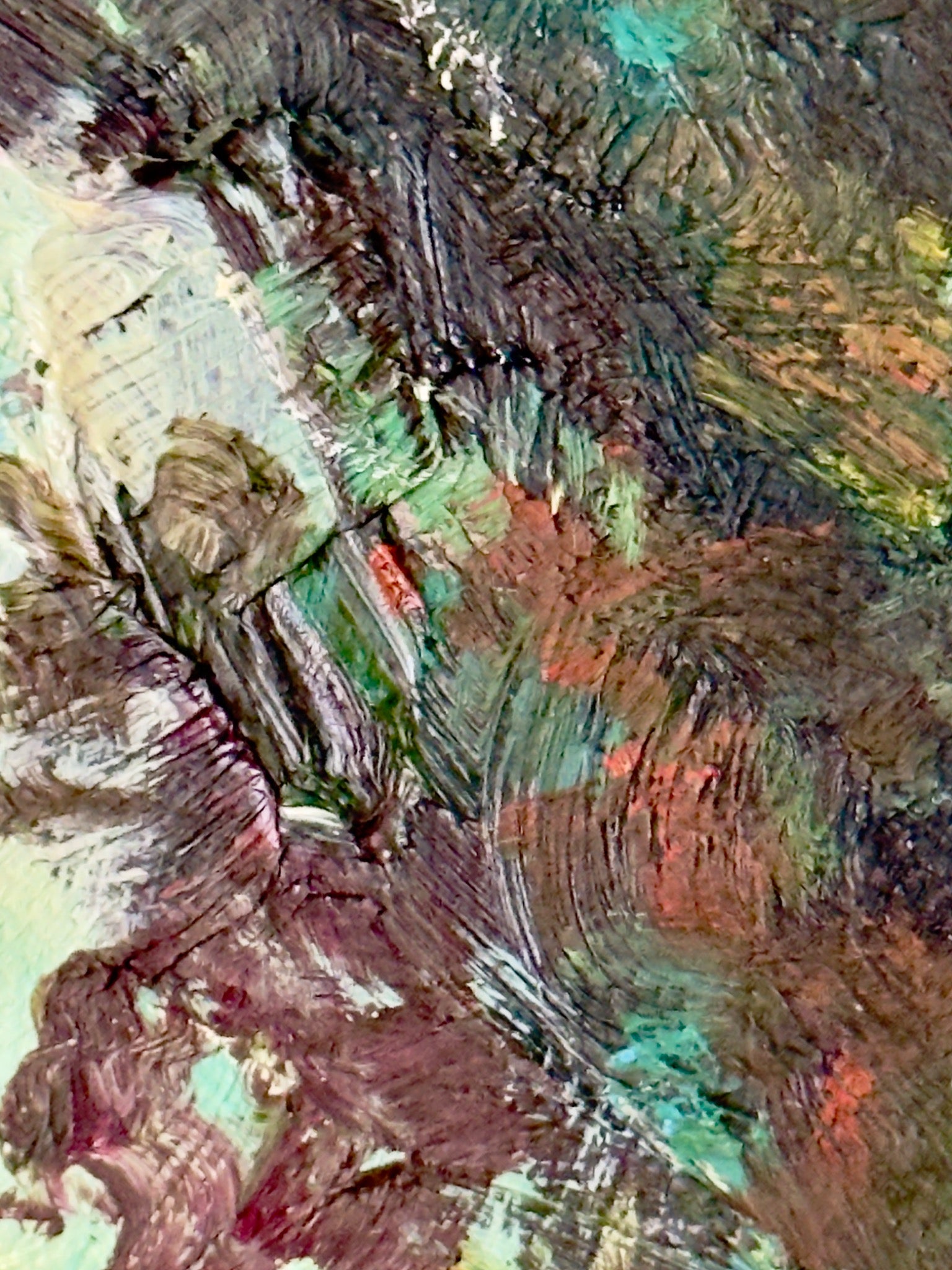 Close painting detail of textured green, turquoise and brown marks