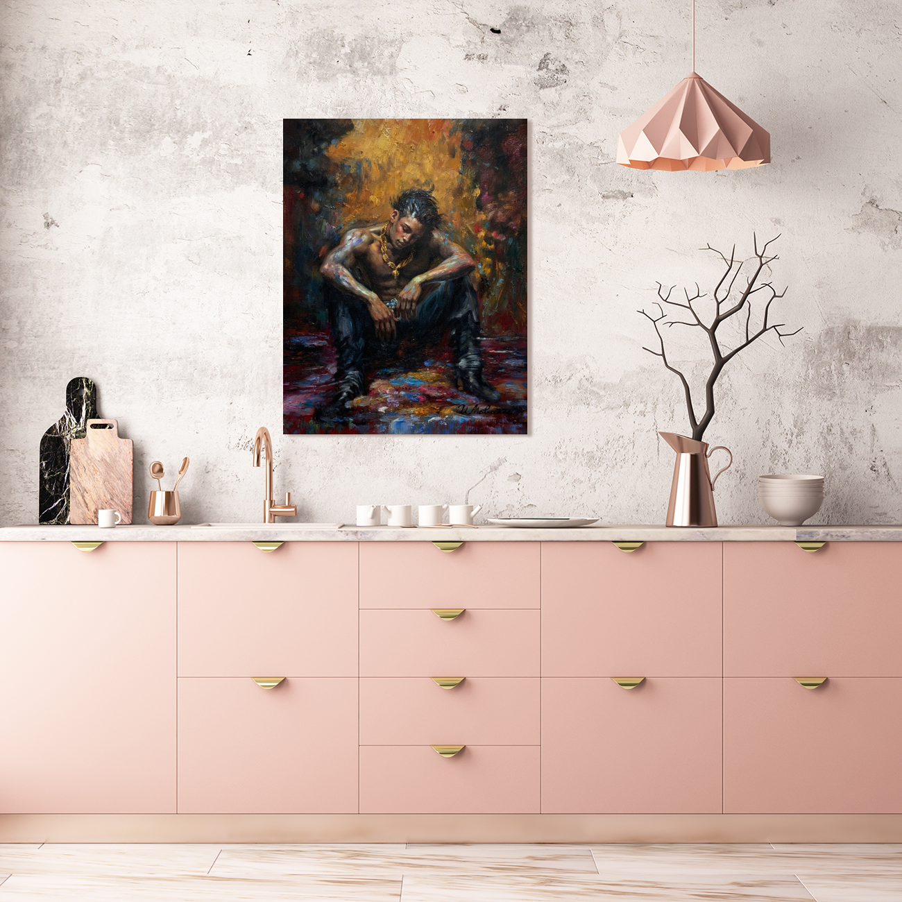The Weight of Becoming displayed in a warm interior