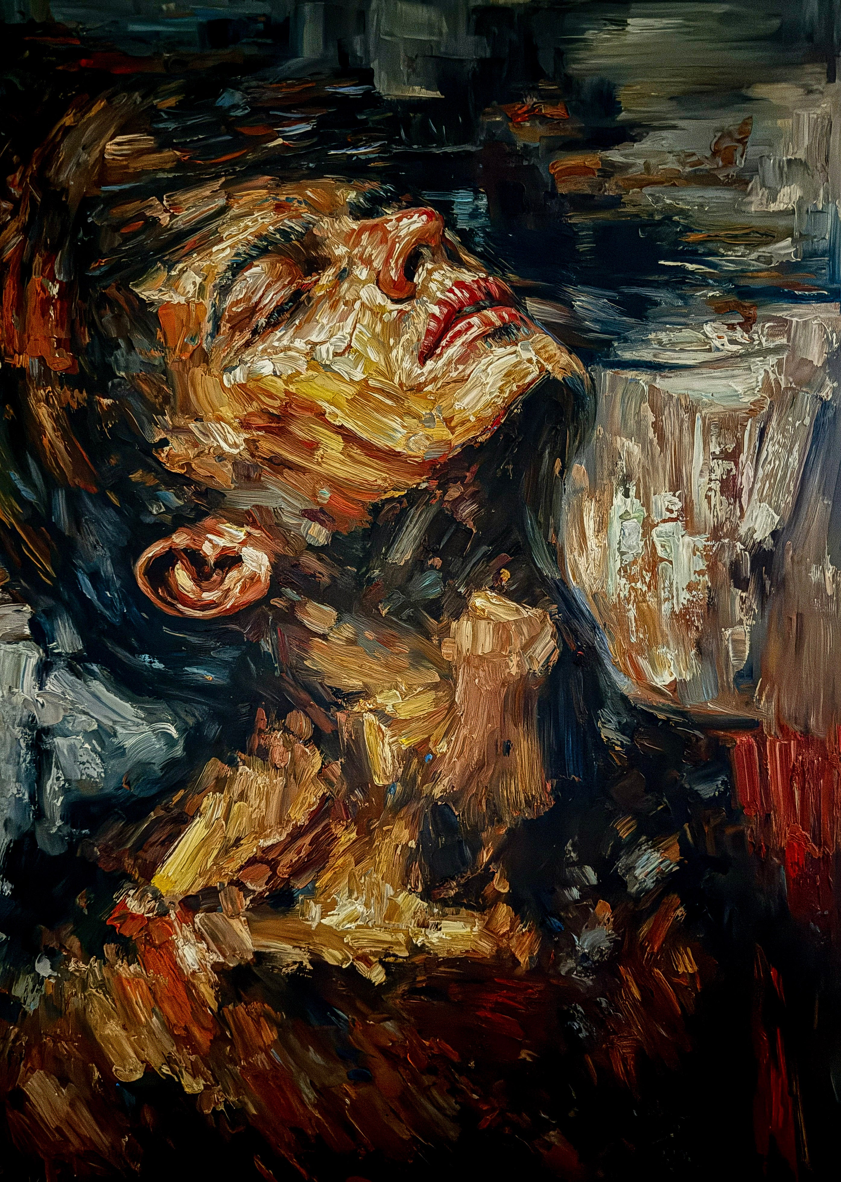 Prayer Without Words, a figure with closed eyes and an uplifted face in richly textured oil paint