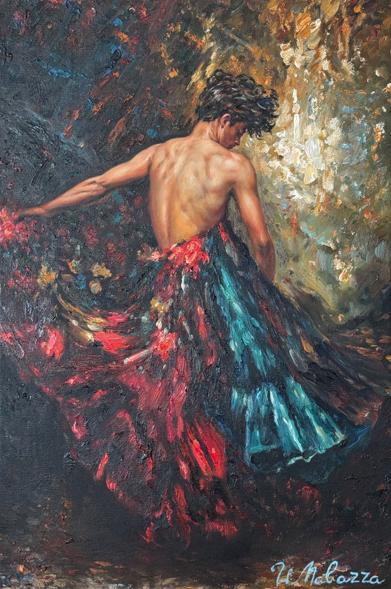 The Colors of Merengue, complete signed original painting of a turning dancer with crimson and turquoise fabric