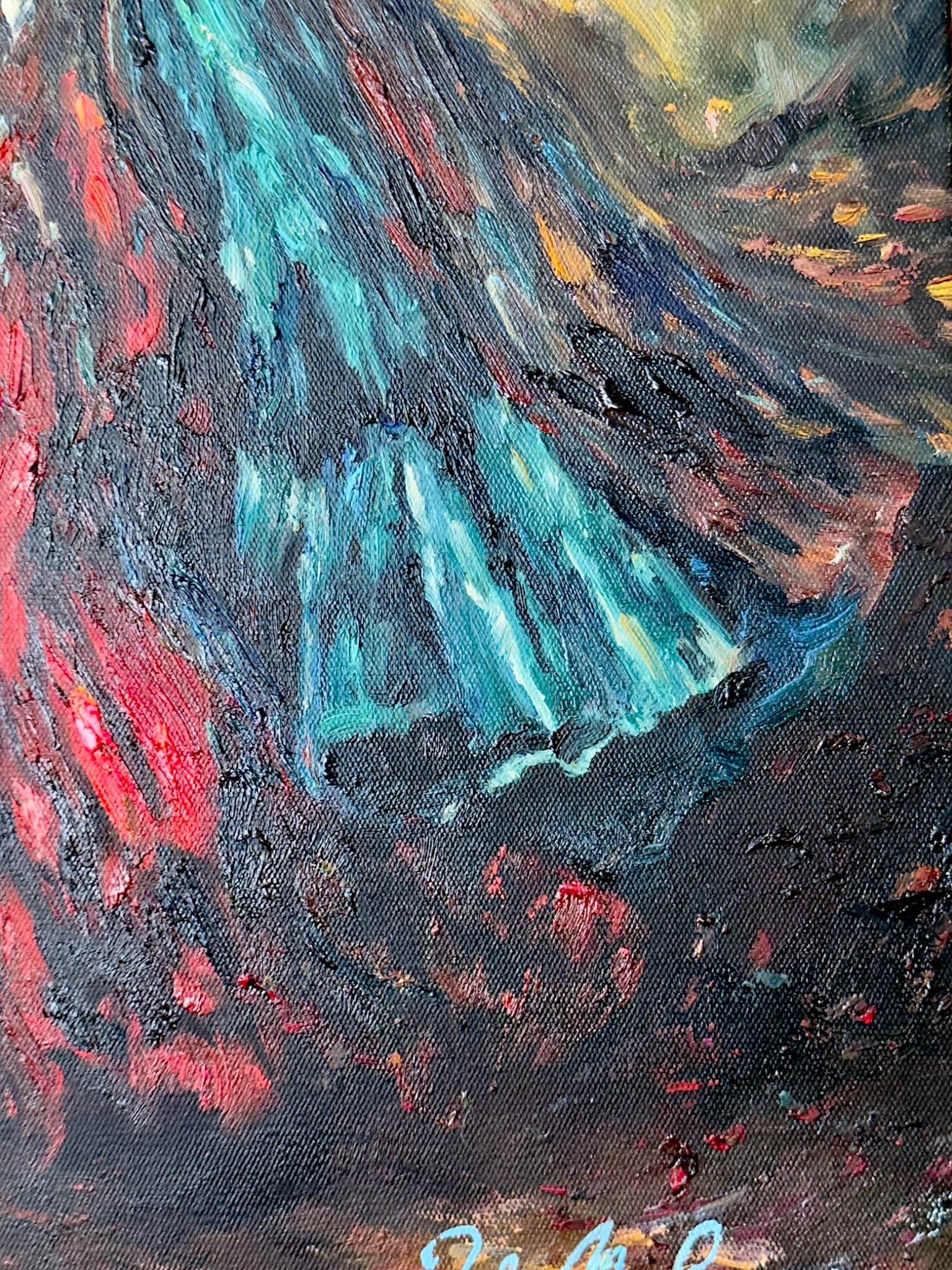 Long blue-green strokes in the turning fabric