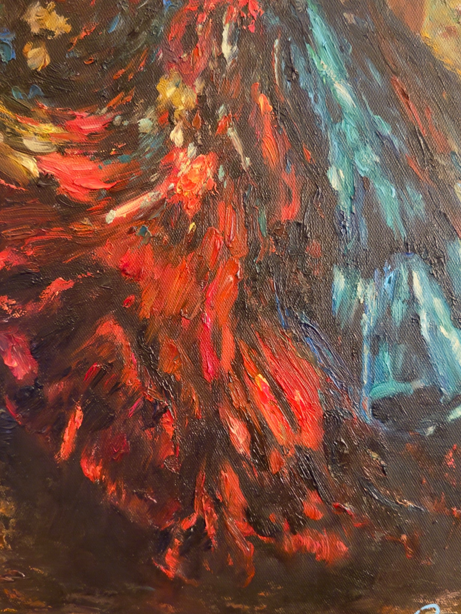Red marks flowing across the darker surface