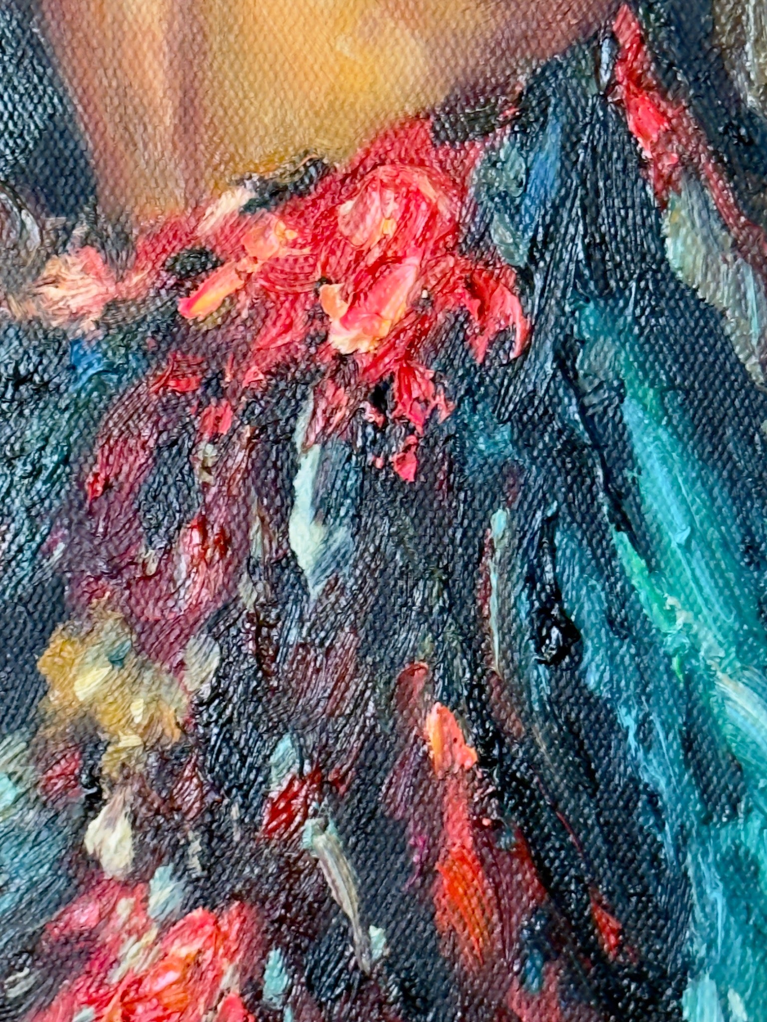 Dense strokes of cyan red and dark pigment