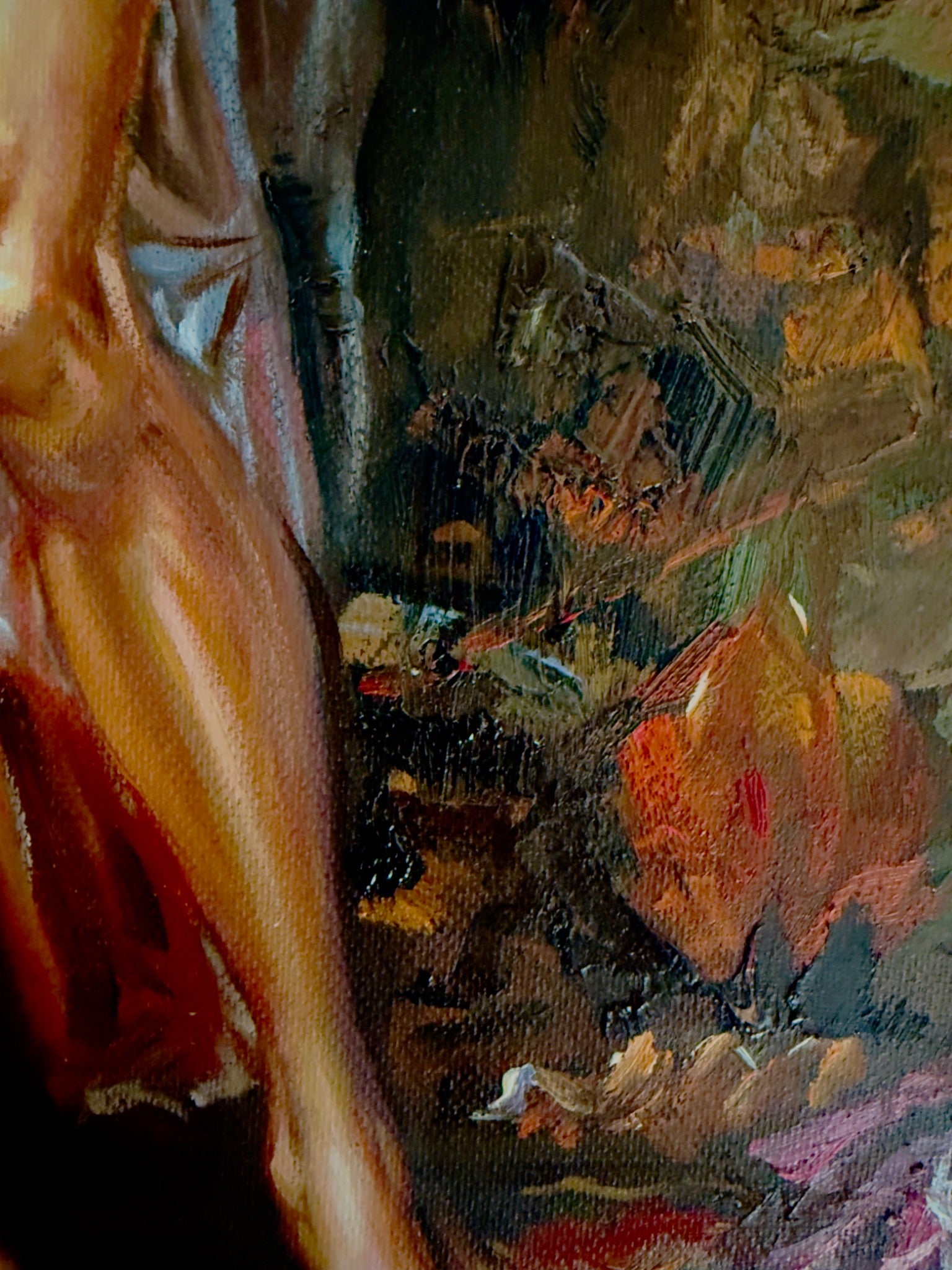 Close view of the winged man’s leg, folded drapery and black, gold and crimson brushwork in Ascension