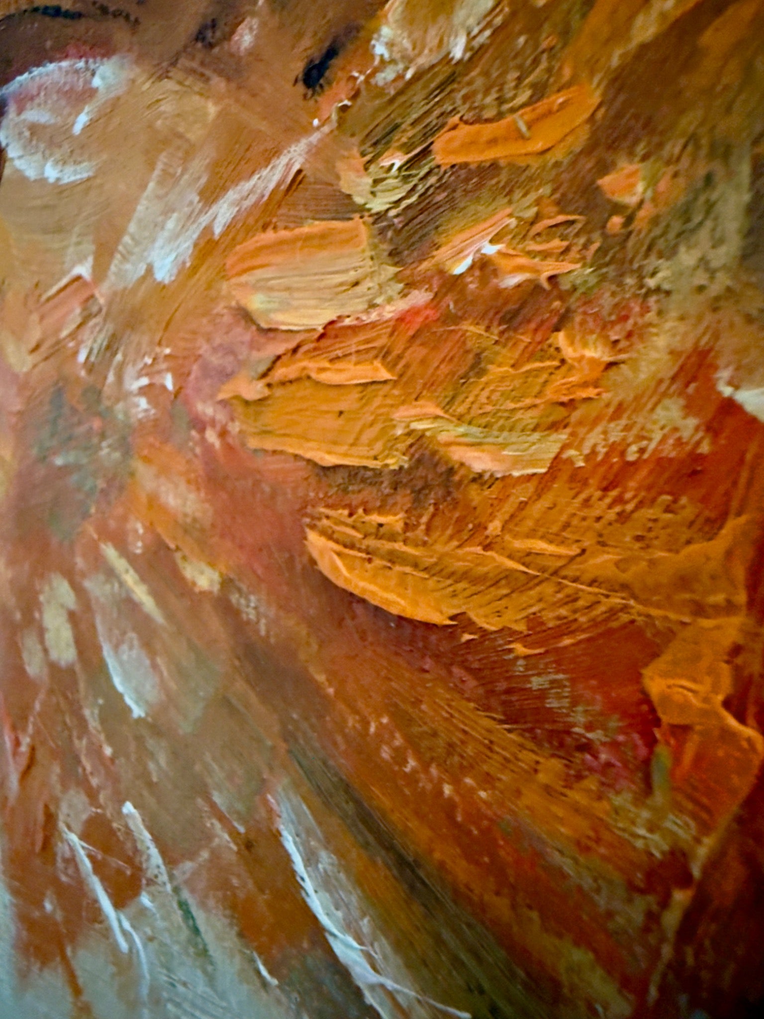 Extreme close-up of the thick copper, gold, and cream brushwork surrounding the luminous figure in Ascension