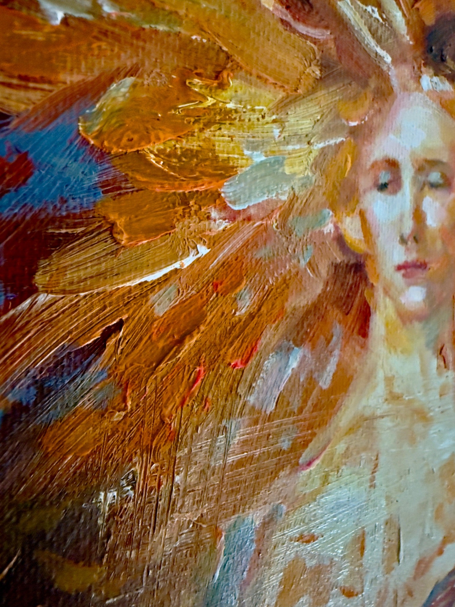 Close-up of the softly illuminated female presence, lowered eyes, and rich gold brushwork in the upper part of Ascension