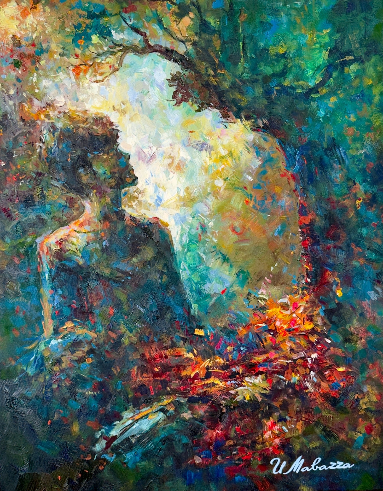 The Earth Remembers Our Shape, complete original painting showing a figure within a luminous forest