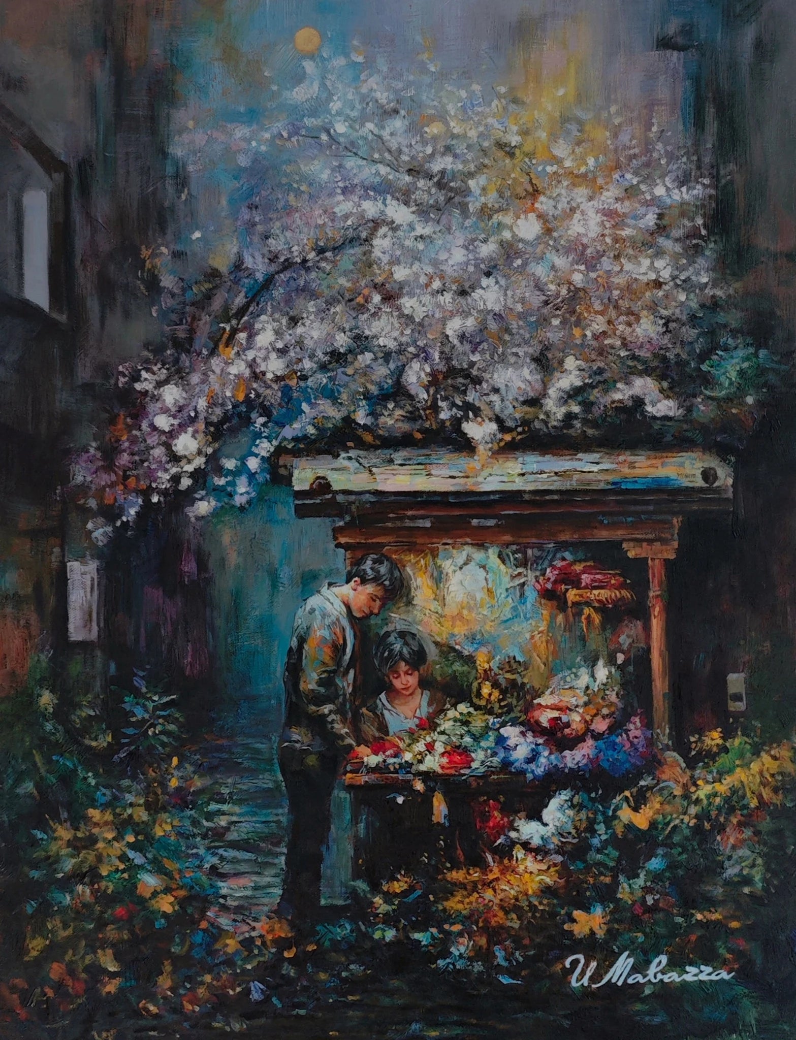 An imagined painted city flower stand, with blossoms and two figures.