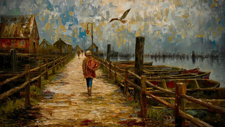 A figure walking down a working harbor pier past boats and rustic buildings.