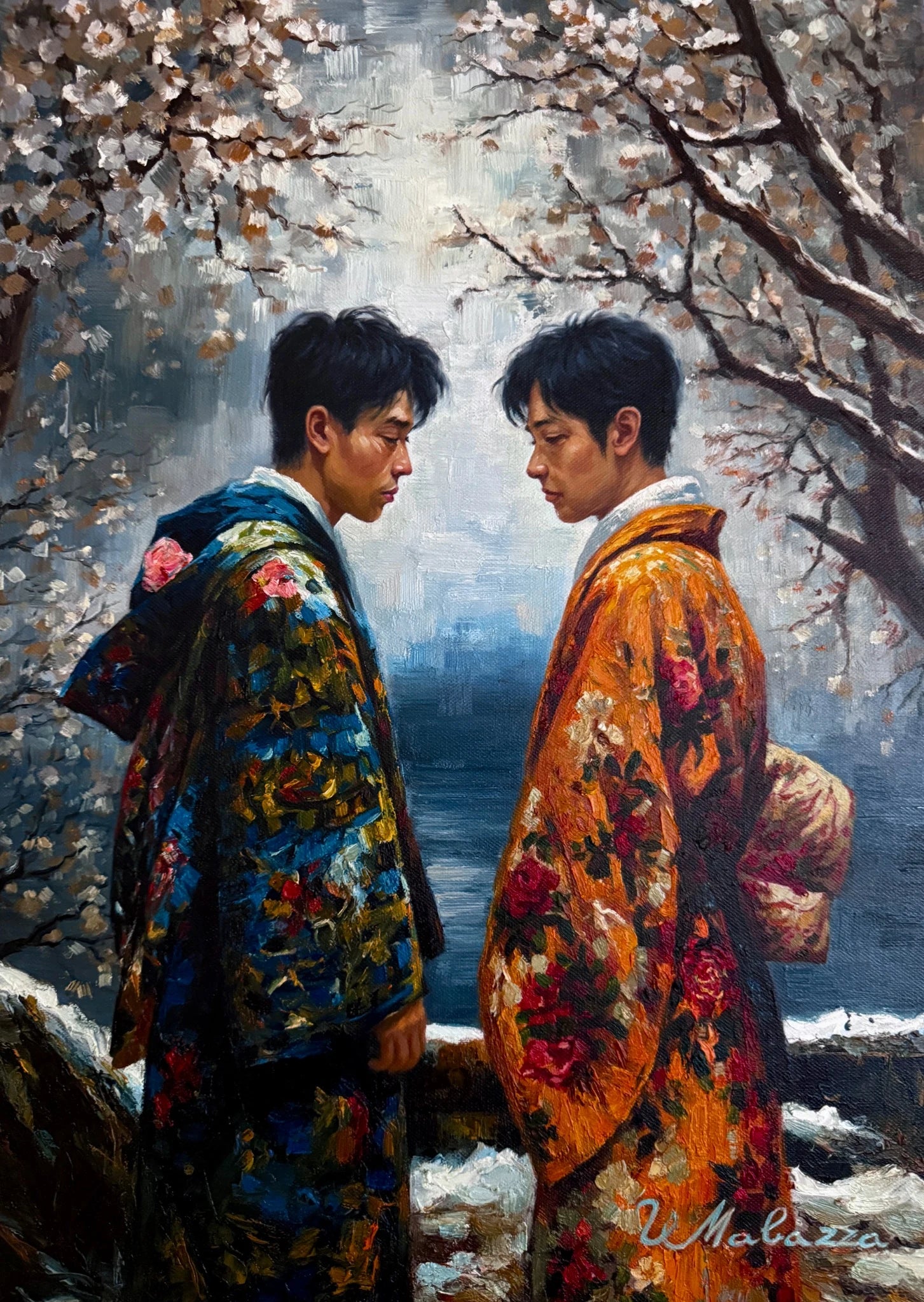 Two figures in elaborate floral Japanese-inspired garments face each other under flowering branches.