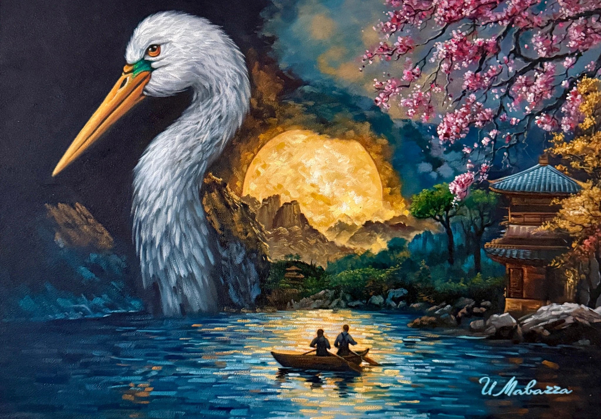 A great white long-beaked bird rises above a moonlit lake with a small boat and Japanese-inspired pavilion.