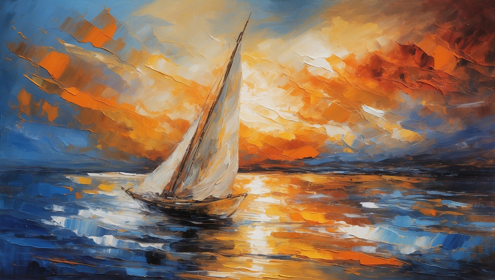 Where the Light Breaks, warm sailboat painting with gold and blue light