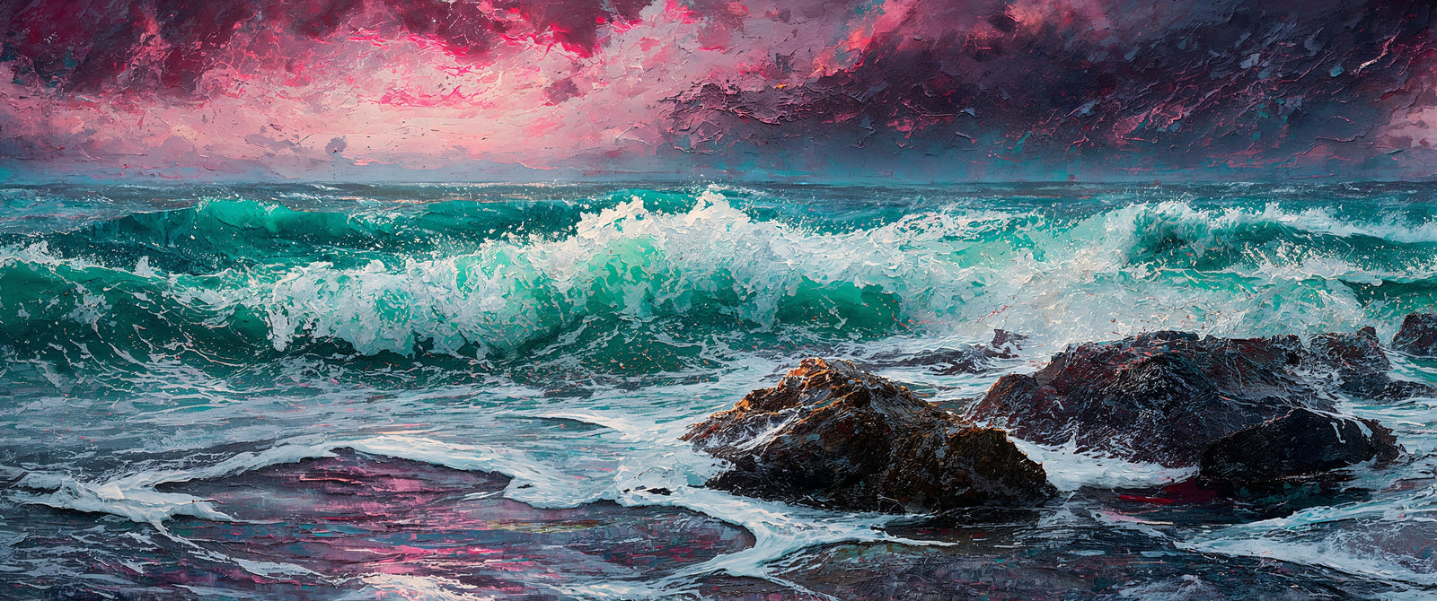 Will Against the Sea, dramatic turquoise waves under a magenta sky